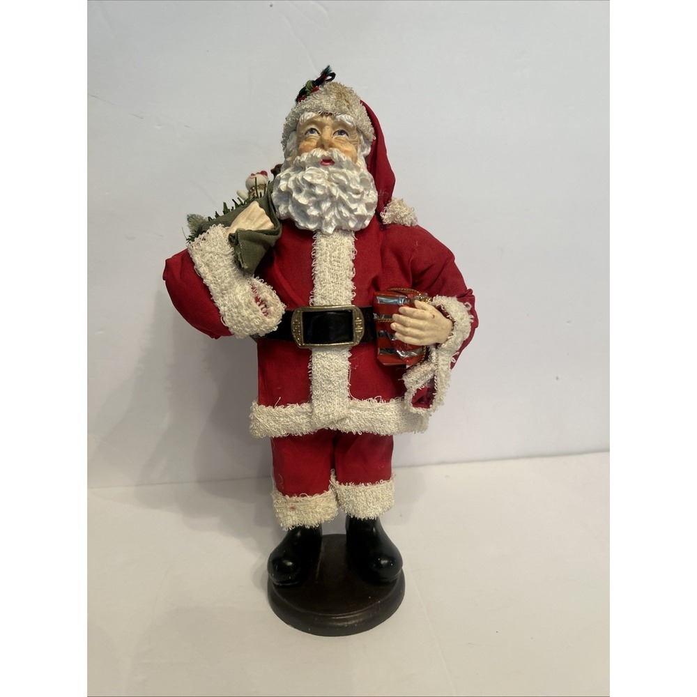 Vtg 80/90 Cloth Santa Claus W/ Toy Sack Drink Festive Holiday Decor
